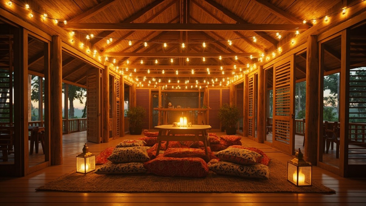 Illustrative concept design: evening hall with string lights on the beams, batik floor cushions and lanterns