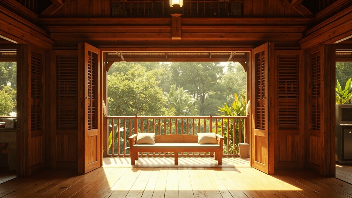 Illustrative concept design: louvred timber folding doors opened from the hall onto the serambi