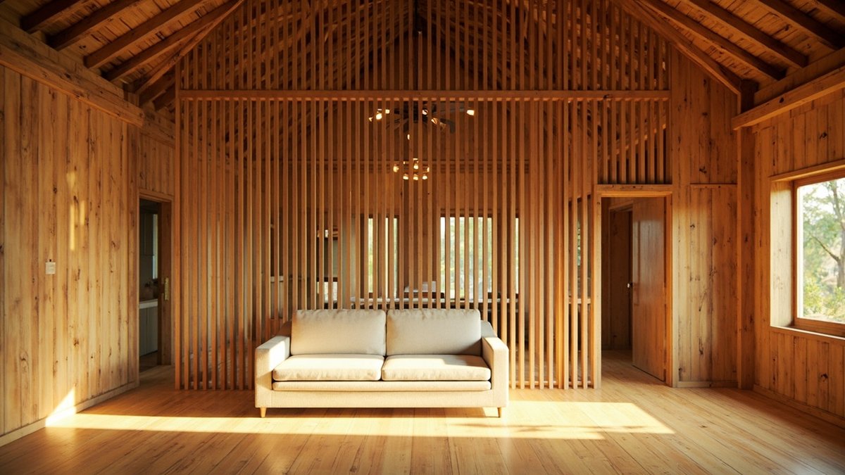 Illustrative concept design: full-height timber slat partition screening the dining area behind a sofa
