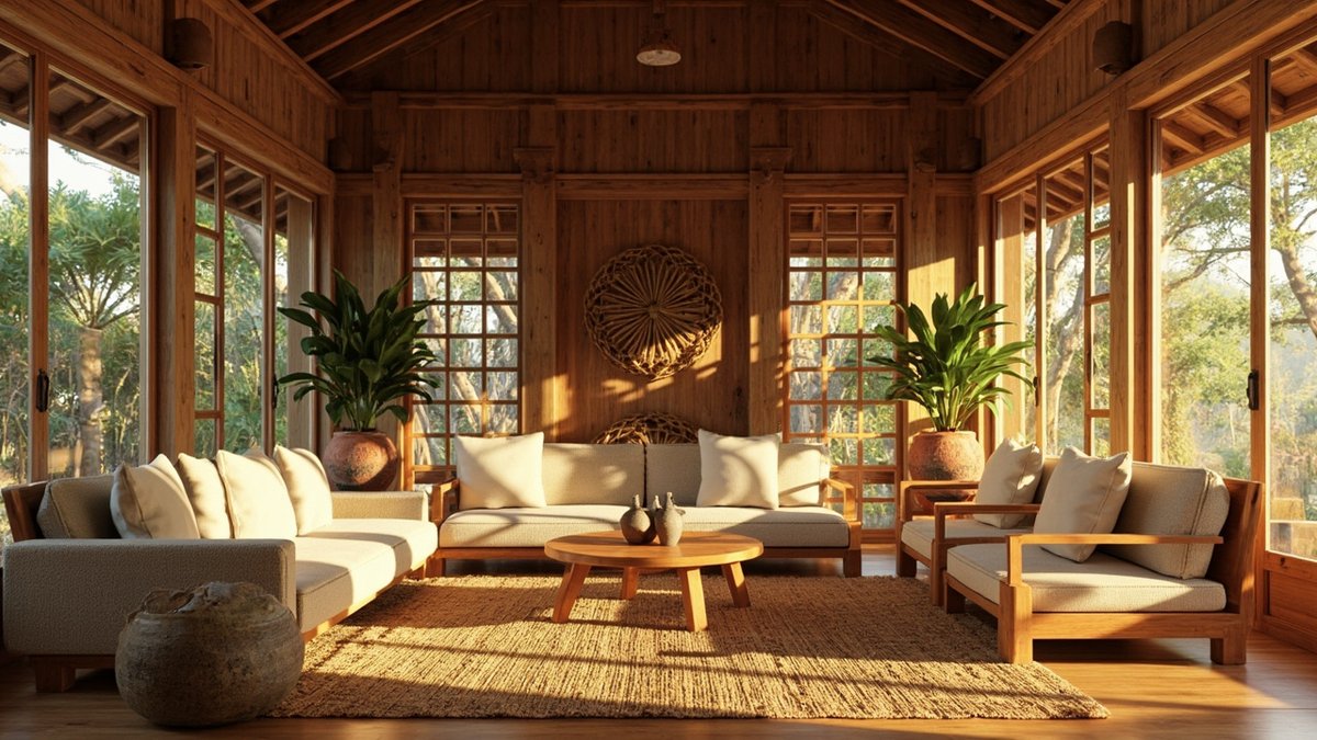 Illustrative concept design: cream sofas and timber armchairs on a large woven mat in a timber hall