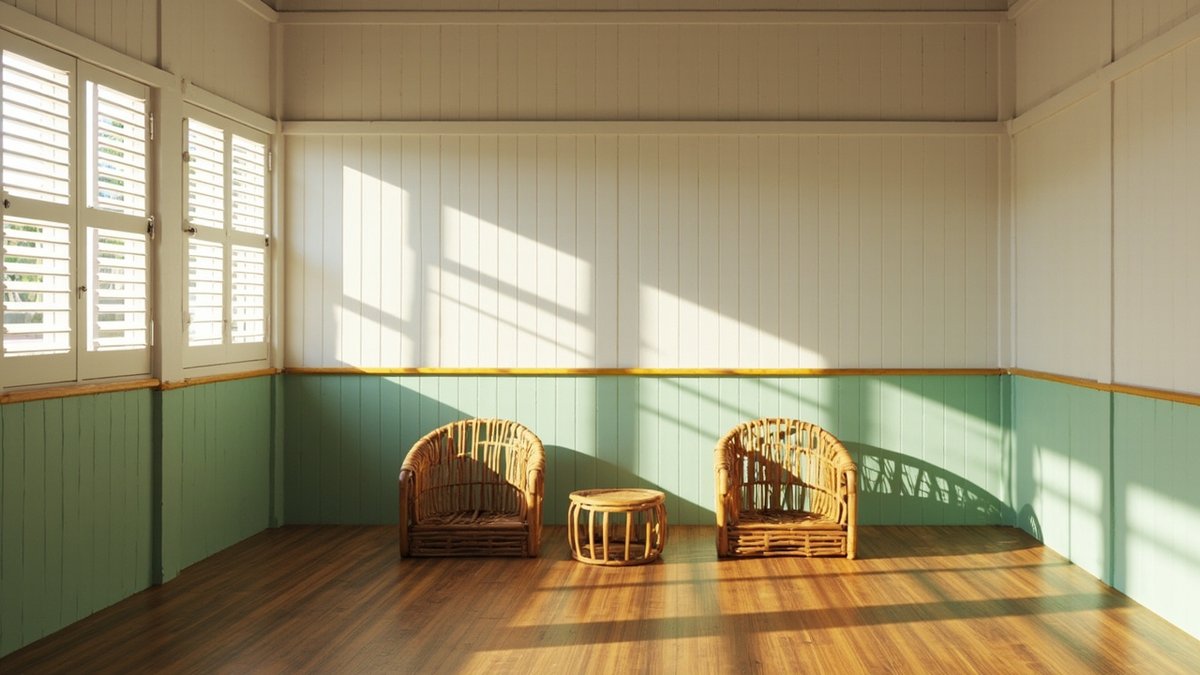Illustrative concept design: plank walls painted sage green below a dado rail and white above, rattan armchairs