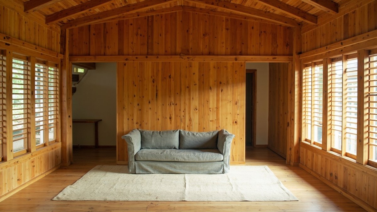 Illustrative concept design: light plank floor in a plank-lined hall with louvred windows