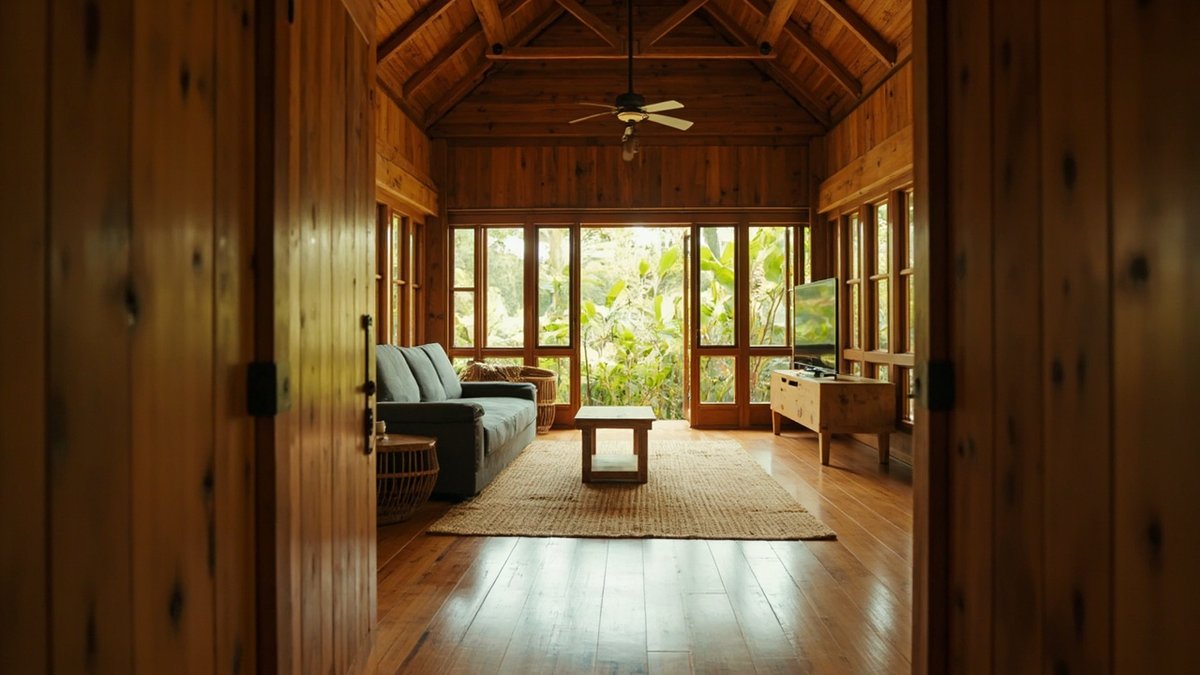 Ilustrasi konsep reka bentuk: ruang tamu rumah kampung kayu dengan dinding papan, bumbung terbuka dan kipas, pintu kayu berkaca ke taman, sofa kelabu dan tikar jut