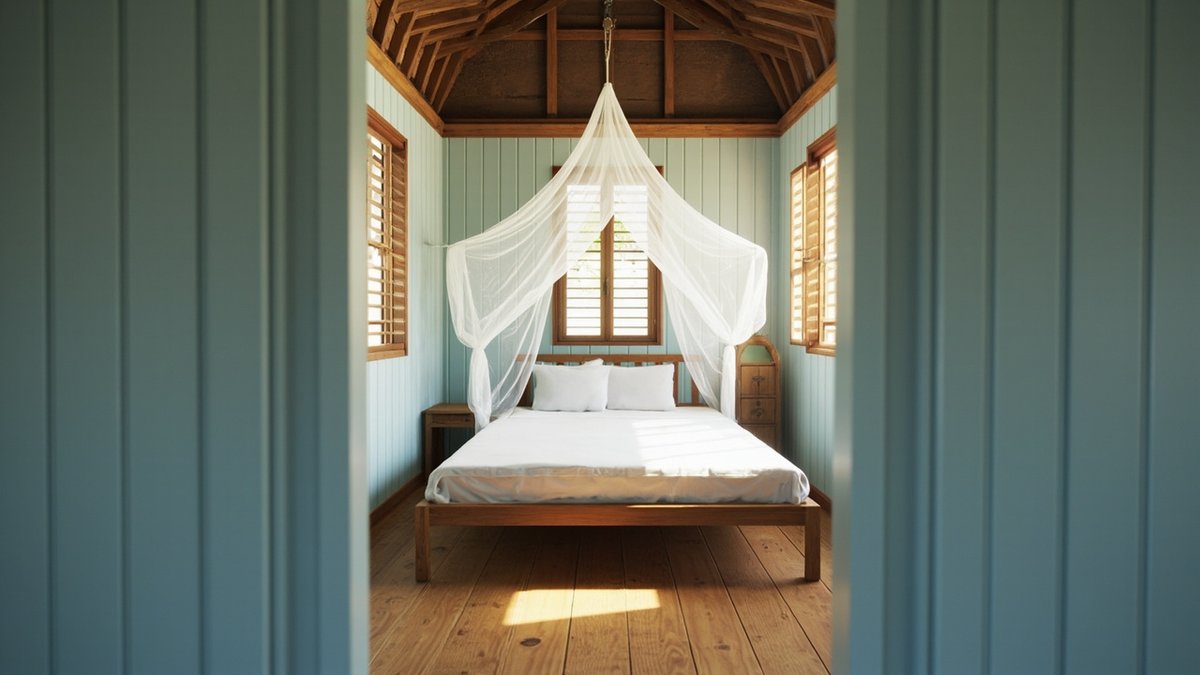 Illustrative concept design: pale blue plank bedroom with a timber bed under a hanging mosquito net and louvred windows