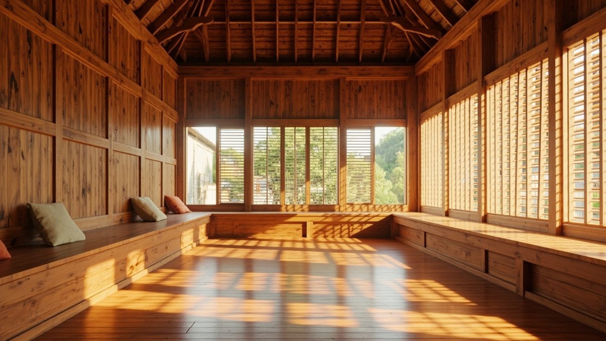 Illustrative concept design: timber room with a long built-in bench along two walls under louvred windows and a few cushions