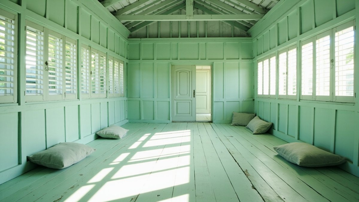 Illustrative concept design: room painted pale mint with panelled plank walls, white louvred shutters and pale floor cushions