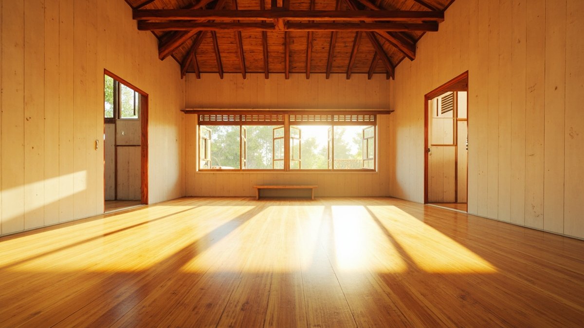 Illustrative concept design: bright hall with wide sanded timber floor boards, cream plank walls and an exposed timber roof