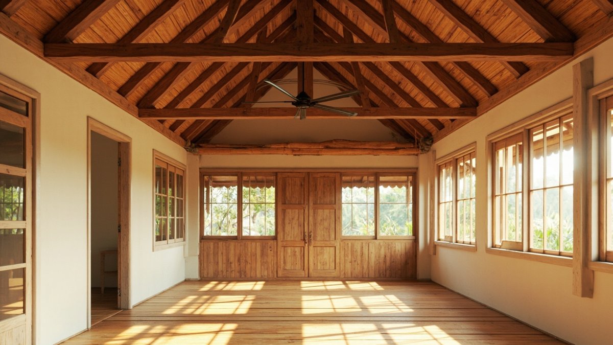 Illustrative concept design: open timber roof with exposed trusses and one ceiling fan on a downrod above a timber floor