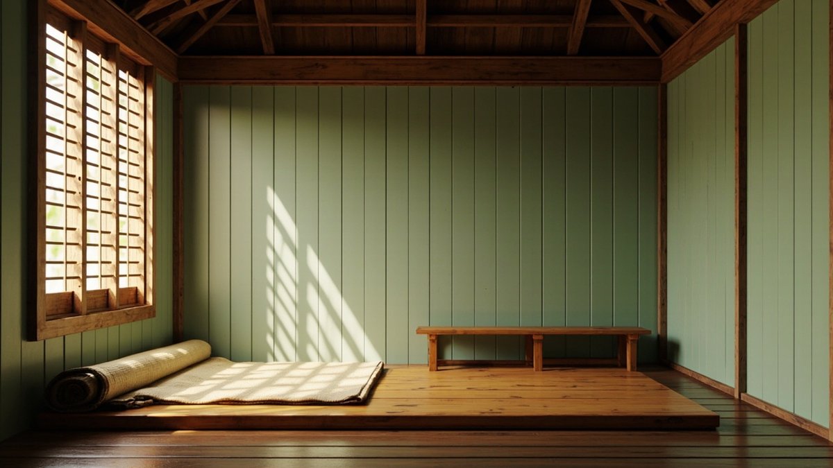 Illustrative concept design: quiet corner with a low raised timber platform, a woven mat, a timber bench and pale green plank walls