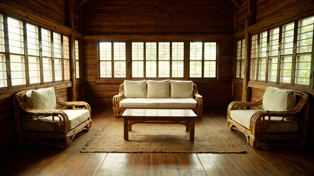 Illustrative concept design: timber-walled living room with a rattan sofa and armchairs, cream cushions and a timber coffee table on a jute mat
