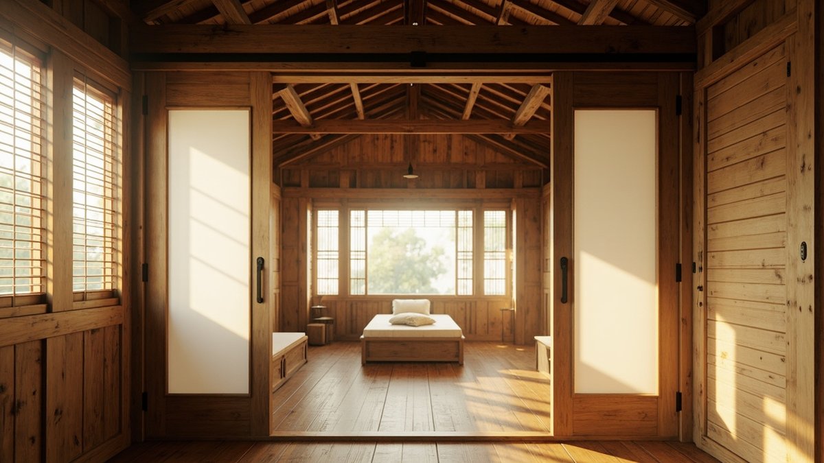 Illustrative concept design: timber sliding doors with frosted panels opening onto a bedroom with plank walls and a low bed