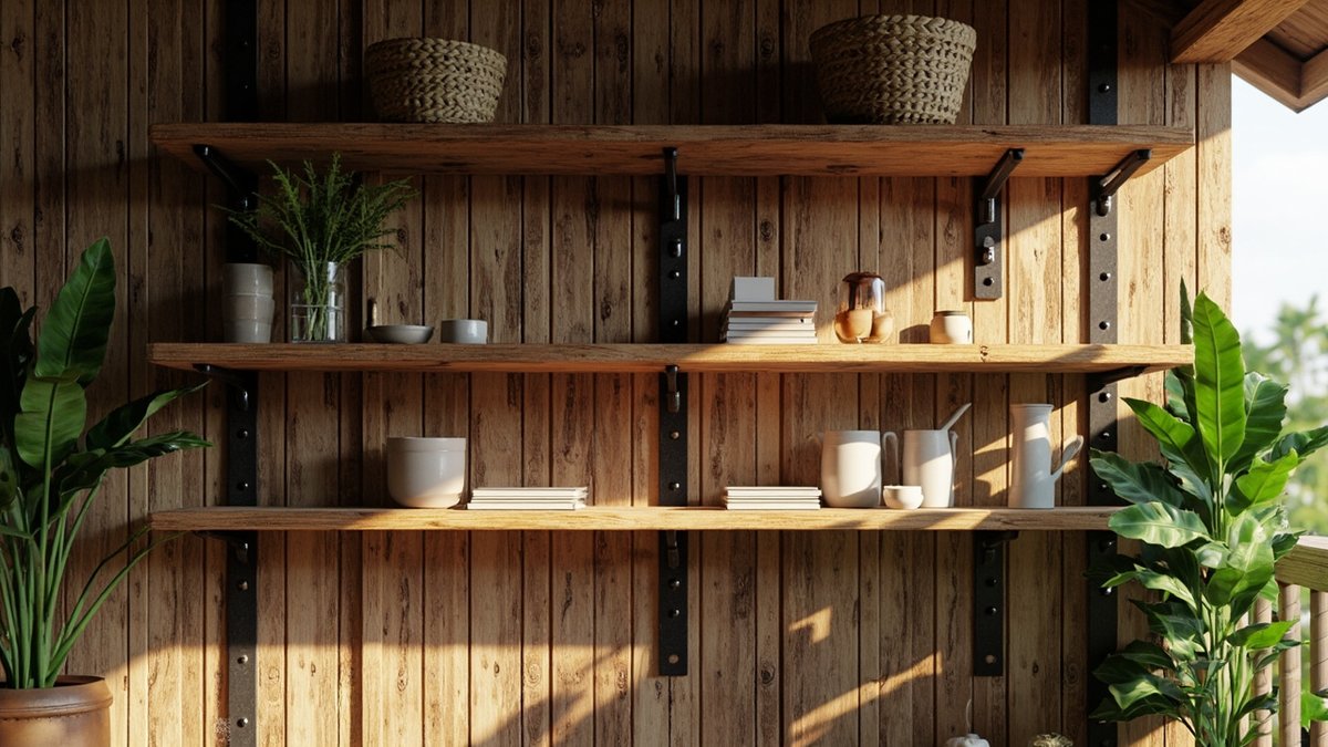 Illustrative concept design: timber shelves on black steel brackets on a plank wall holding woven baskets, white bowls and plants