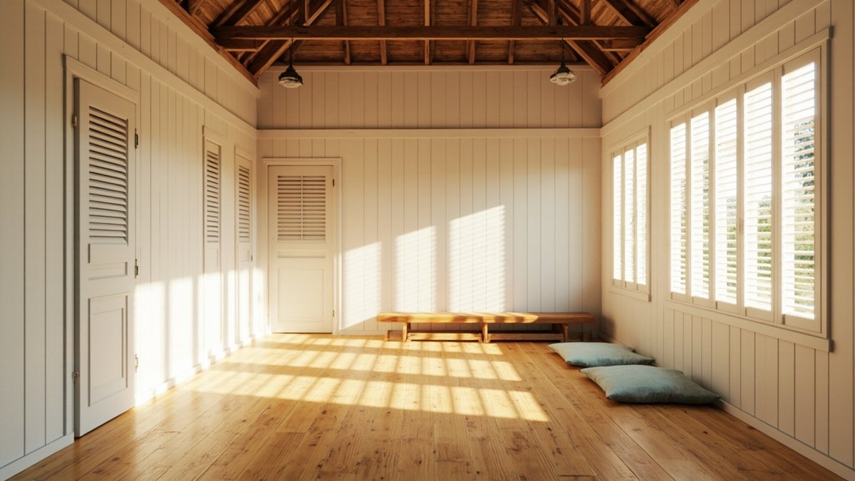 Illustrative concept design: room with soft white plank walls, white louvred doors and windows, a timber floor and pale blue floor cushions