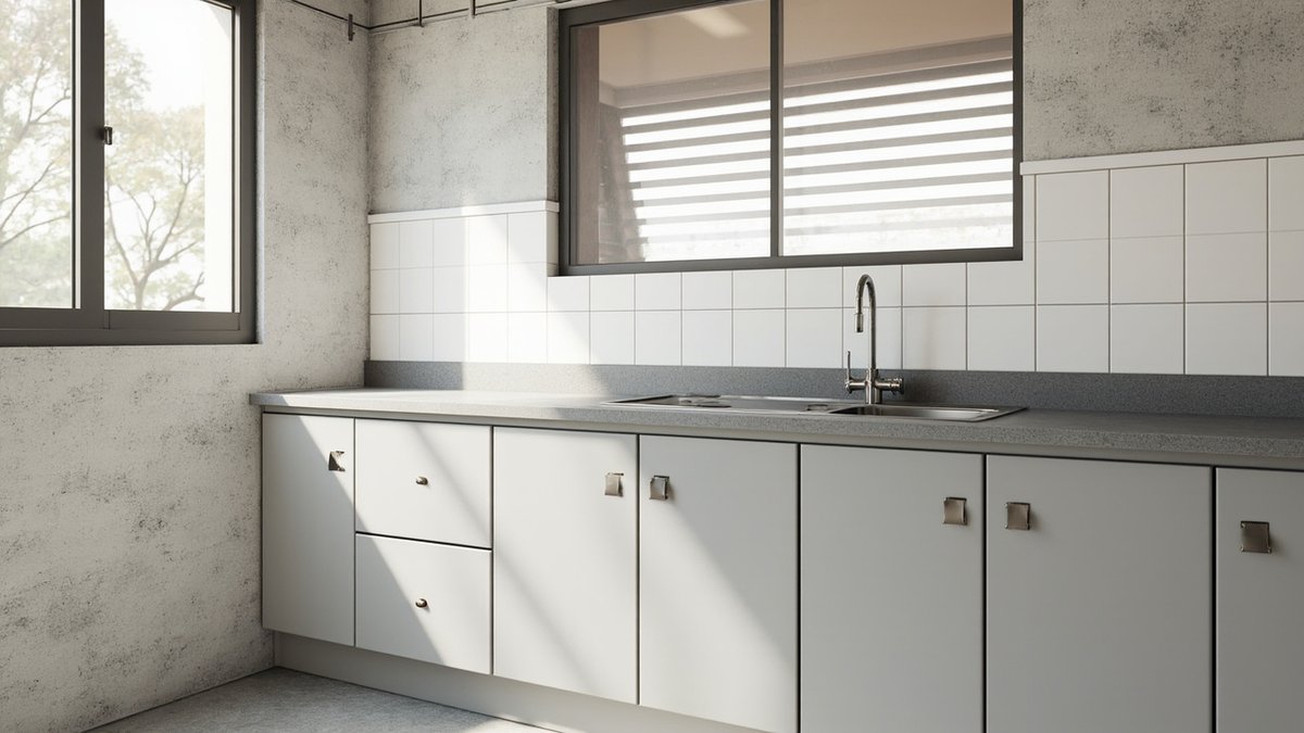 Illustrative concept design: pale grey flat-door cabinets with a grey worktop, stainless sink and white tiled splashback