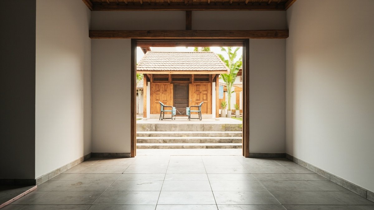Illustrative concept design: tiled annex kitchen floor and white walls framing a doorway to steps and a small timber house across the yard
