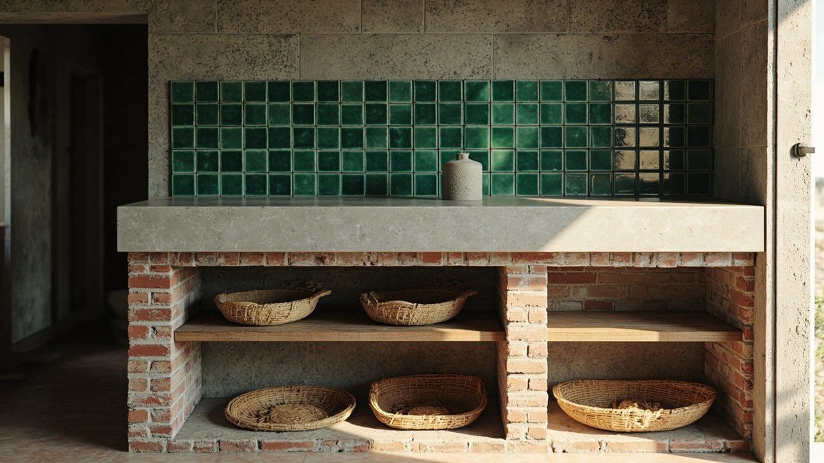 Illustrative concept design: thick concrete worktop on red brick piers with woven baskets below and a green tiled splashback