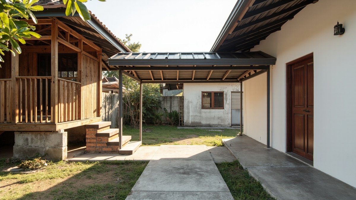 Illustrative concept design: metal-roofed walkway from the brick steps of a raised timber house to a white rendered annex