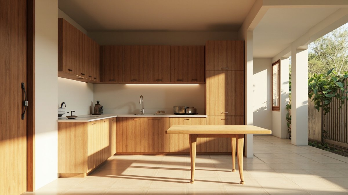 Illustrative concept design: L-shaped timber-look dry kitchen with a white worktop, a timber table and a beige tiled floor