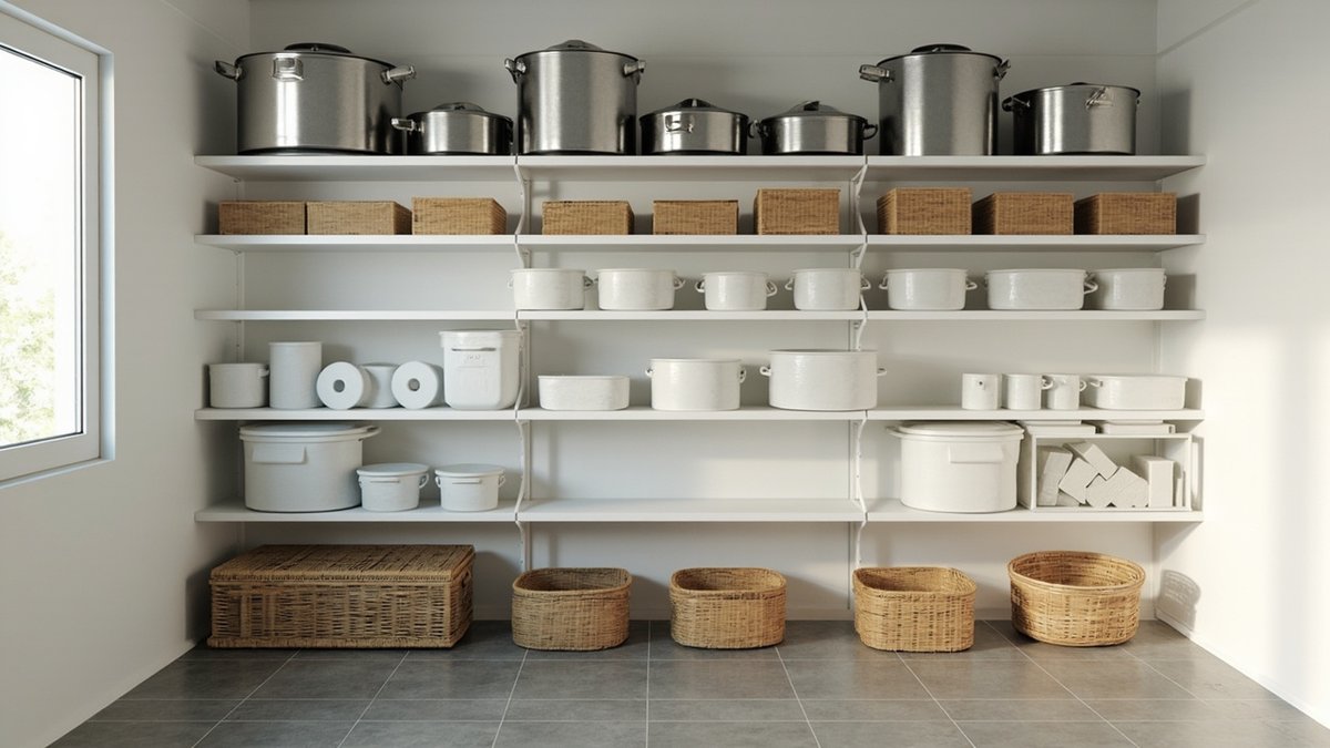 Illustrative concept design: white wall shelving with plain steel stockpots, woven baskets and white tubs above a grey tiled floor