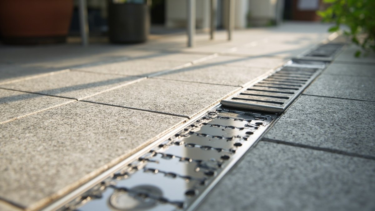 Illustrative concept design: grey anti-slip paving sloping into a stainless slotted channel drain