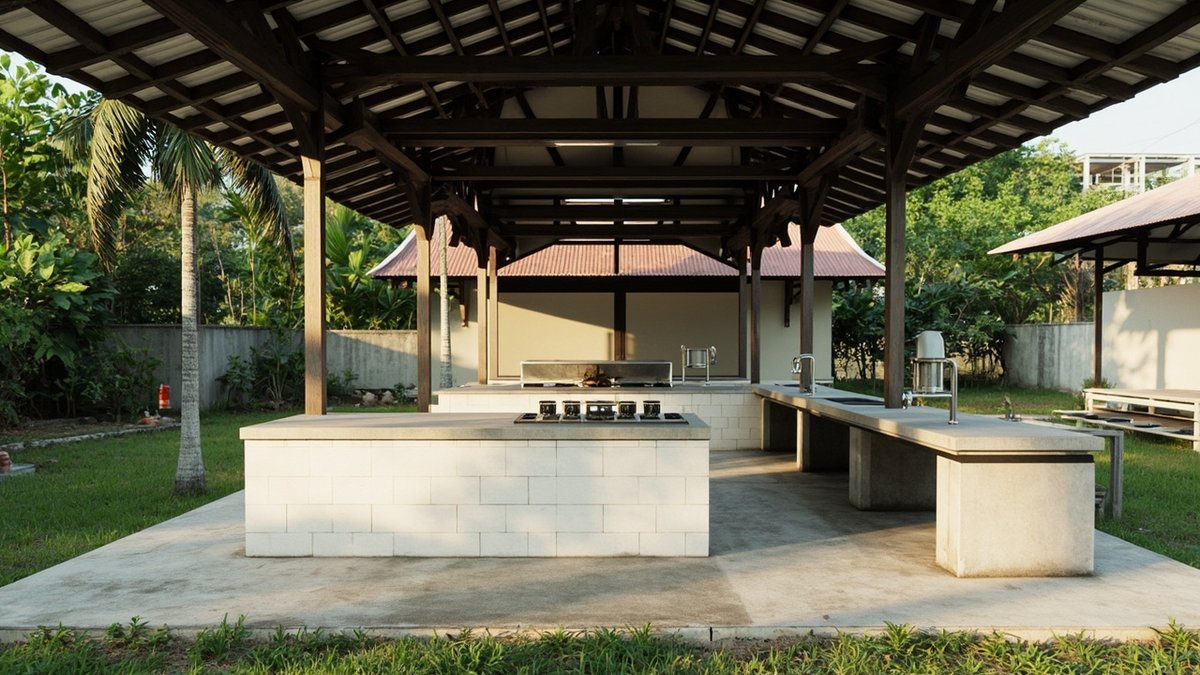 Illustrative concept design: large covered outdoor cooking pavilion with block-built counters, a row of burners and a long sink counter