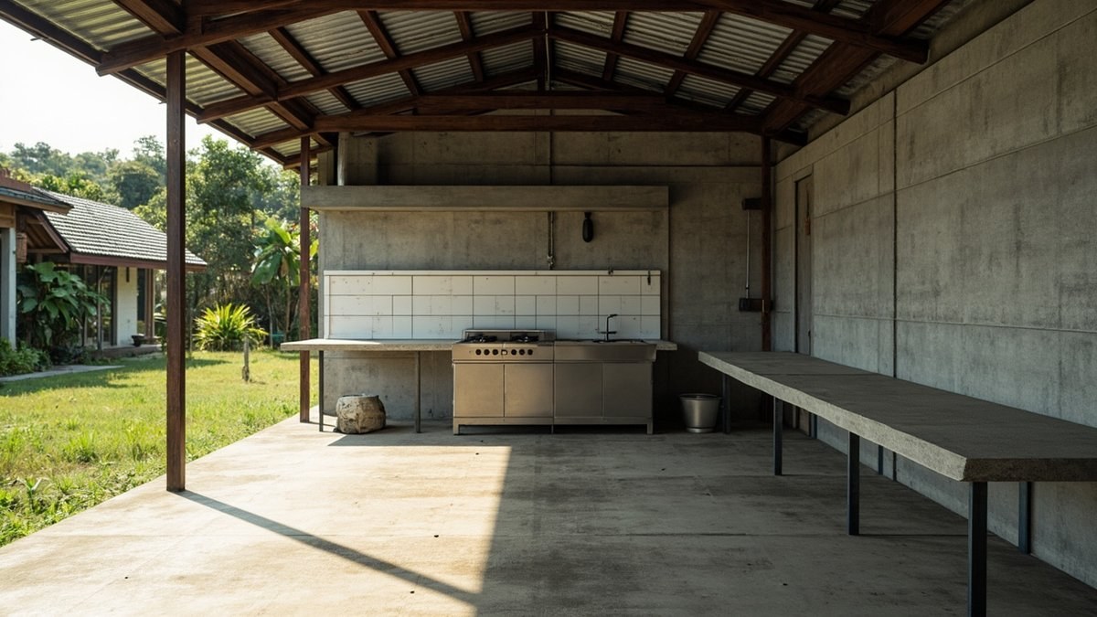 Illustrative concept design: open-sided concrete wet kitchen under a metal roof with a tiled splashback, a stainless cooker and a long concrete bench