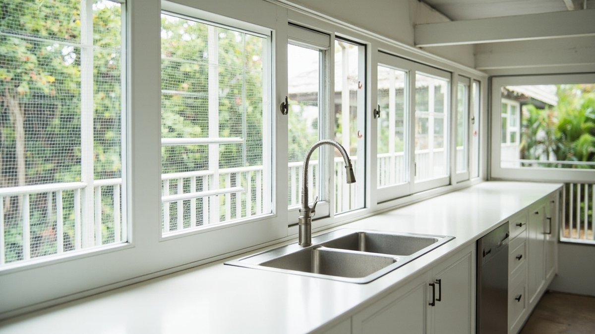Illustrative concept design: long run of mesh-screened white windows above a white worktop and a stainless double sink