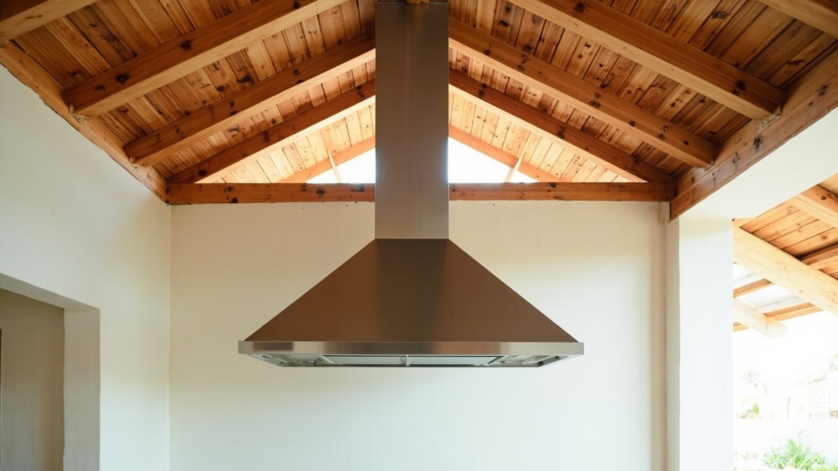 Illustrative concept design: stainless chimney hood under a timber-boarded roof with an open gable above white walls