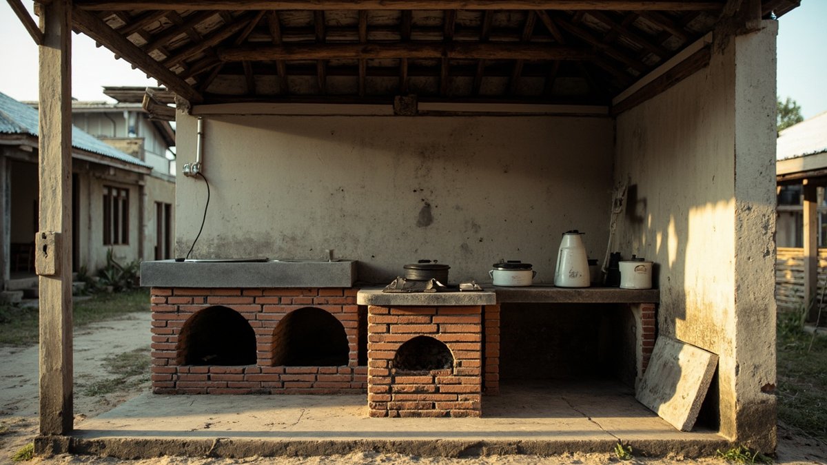 Illustrative concept design: low brick wood-fire hearths with arched openings under concrete tops, enamel pots and a concrete sink counter
