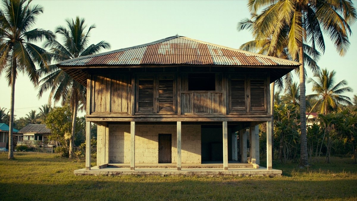 Rumah kayu kampung bertiang dengan tingkat bawah batu dan dapur baharu di bawah tingkat atas kayu