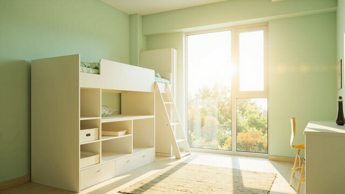 Children's shared bedroom with a built-in loft bed over a study desk and low open shelves