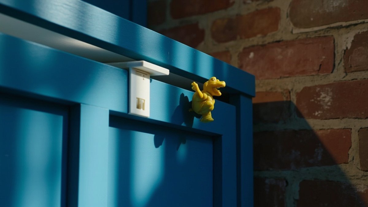 Anti-tip bracket fixing a blue kids' wardrobe to a brick wall, with a yellow toy on top