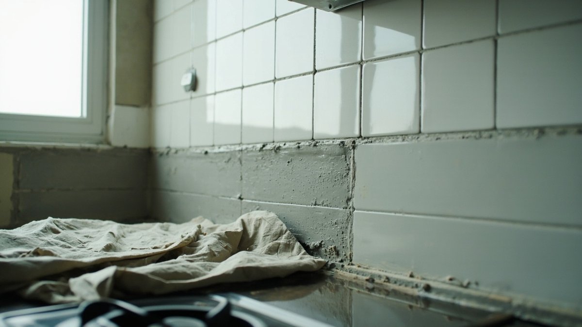 Kitchen wall behind a stove with a backsplash half tiled and trowel marks