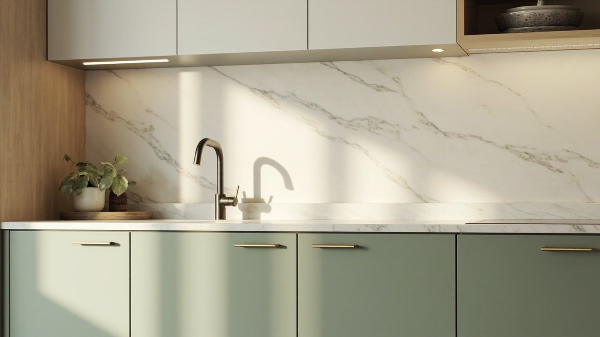 Two-tone kitchen with sage green base cabinets, warm white wall cabinets and brass handles