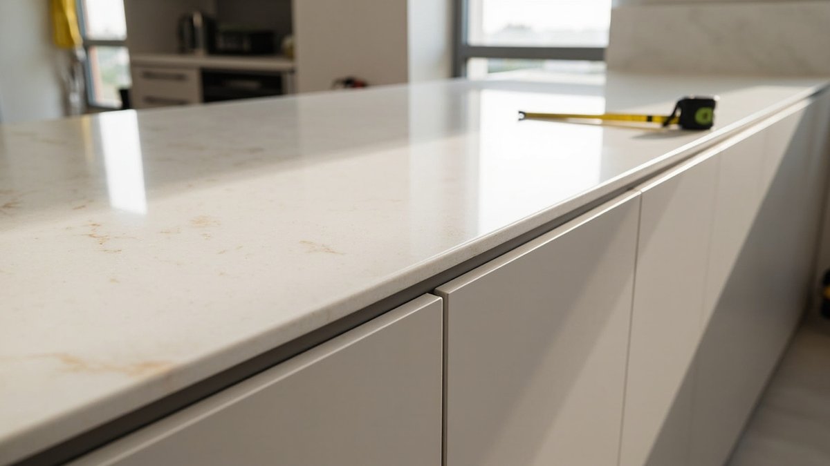 Custom kitchen cabinets with quartz worktop installed in a Malaysian terrace house