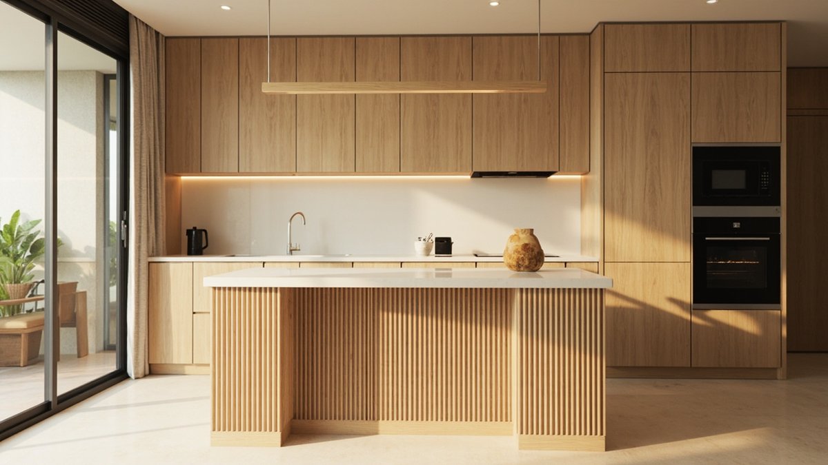 Japandi-style kitchen with light oak cabinets, a fluted timber island and a pale matt worktop