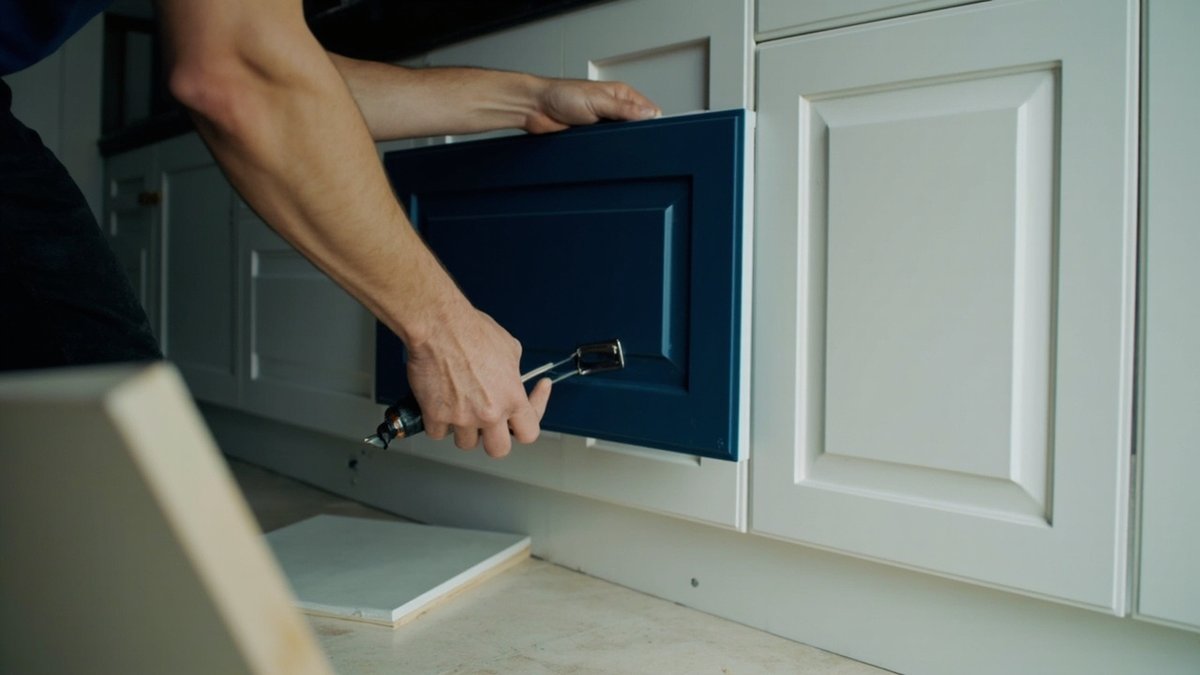 Tukang kayu memasang pintu kabinet biru tua baharu pada badan kabinet dapur sedia ada, pintu lama diketepikan