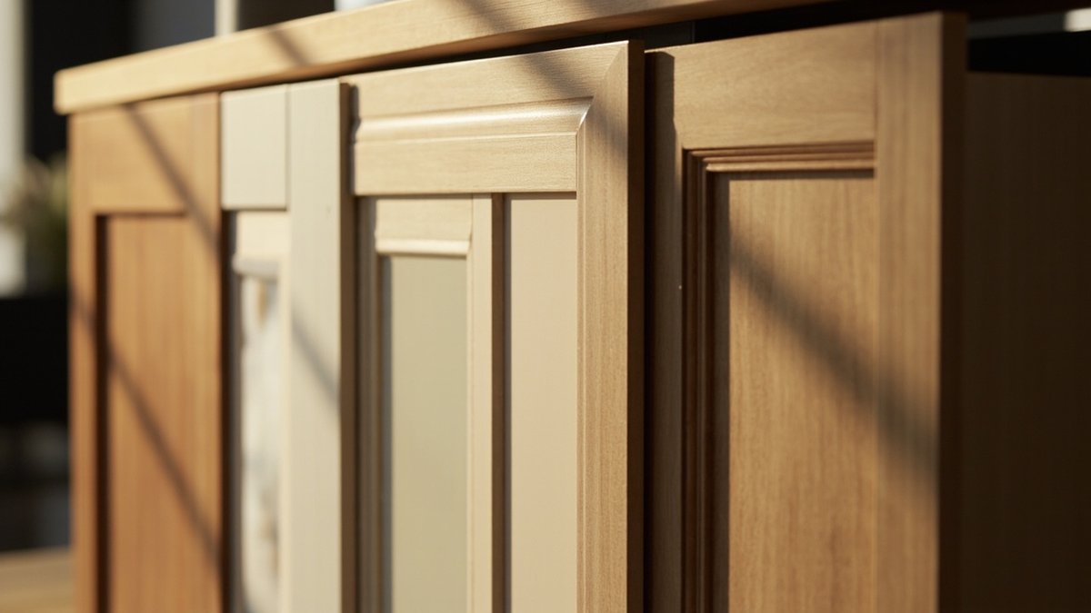 Shaker, flat-slab, handleless and glass kitchen cabinet door samples