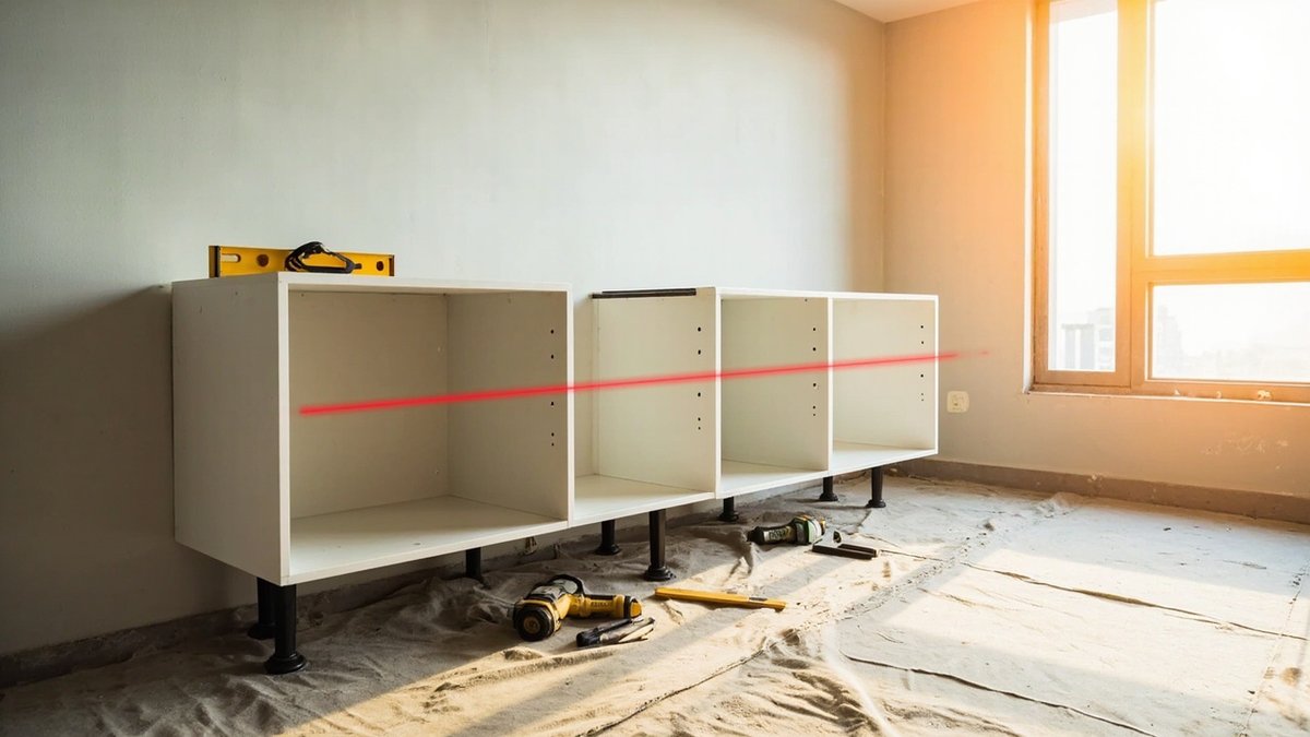 Badan kabinet dapur bawah atas kaki pelaras sedang diratakan pada garisan laser sebelum top dipasang