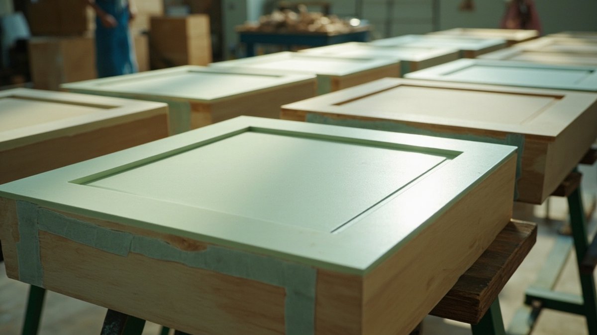 Kitchen cabinet doors laid flat on trestles, some sanded and some freshly sprayed sage green