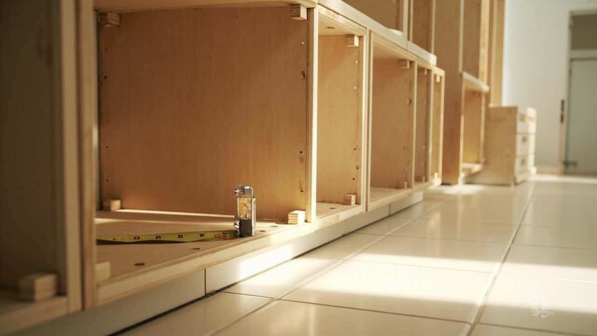 Kitchen cabinet carcass layout showing base, wall and tall units before doors