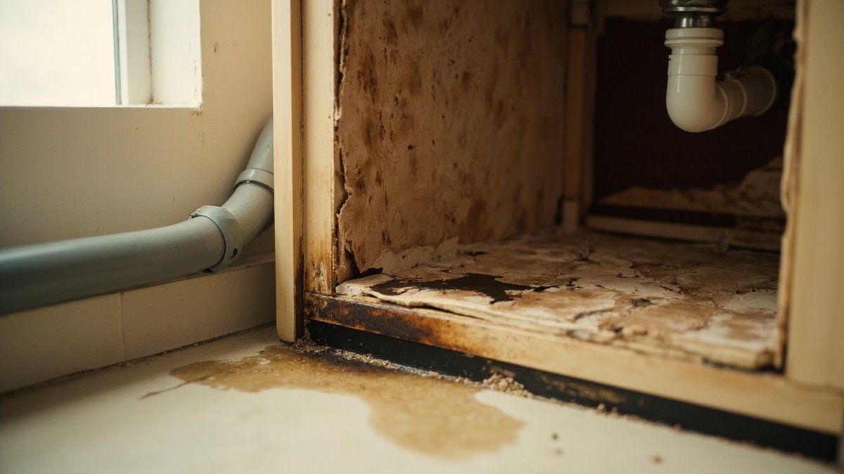 Kabinet dapur kembang dan mengelupas di bawah sinki
