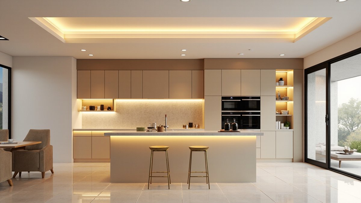 Illustrative concept design: warm cove-lit ceiling recess over the island of a semi-D dry kitchen with sand beige cabinets and brass stools