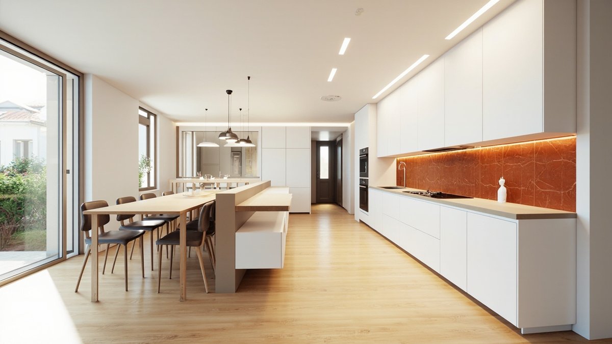 Illustrative concept design: one flat moisture-resistant ceiling with linear lights running from the dining area over an open semi-D dry kitchen with a terracotta splashback