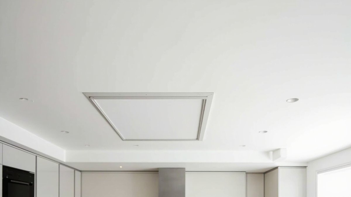 Illustrative concept design: framed square access hatch flush in a flat white kitchen ceiling above light grey tall cabinets