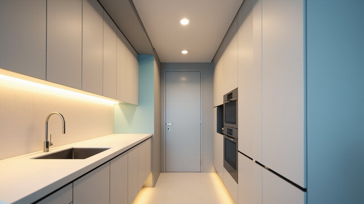 Illustrative concept design: long condo galley kitchen with a plain flat ceiling, round downlights and under-cabinet LED over a white worktop and light grey cabinets