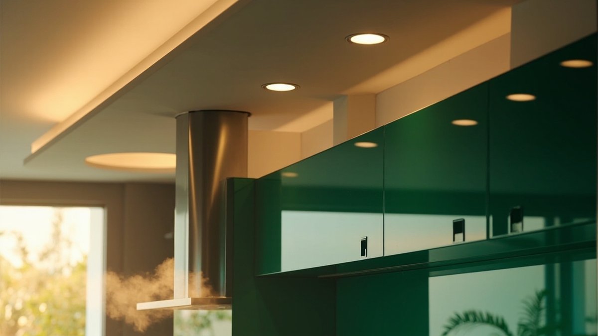 Kitchen ceiling bulkhead over green cabinets with a stainless hood chimney and a row of downlights