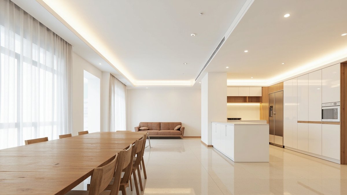 Illustrative concept design: one continuous condo ceiling with downlights and a soft cove edge over a long oak dining table and a white open kitchen