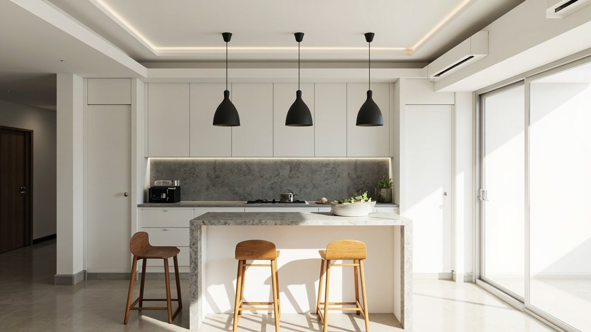 Illustrative concept design: shallow ceiling recess framing three black dome pendants over a grey stone kitchen island with timber stools