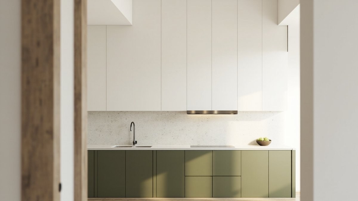 Illustrative concept design: slim hood under white upper cabinets above olive green lower cabinets in a compact condo kitchen with a plain ceiling